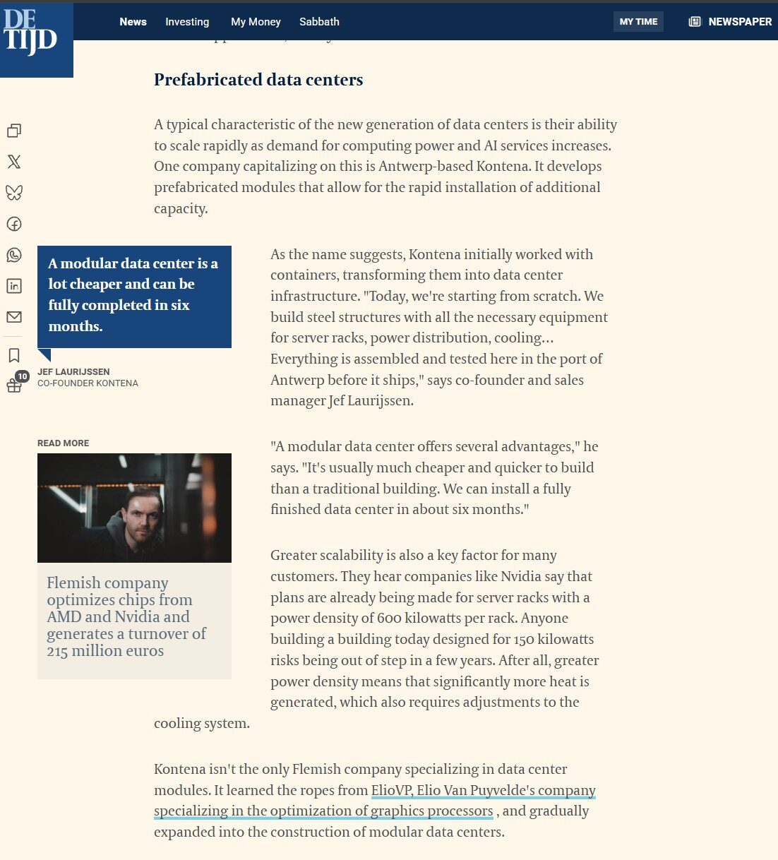 De Tijd article featuring ElioVP as a standard-setter in modular data center construction