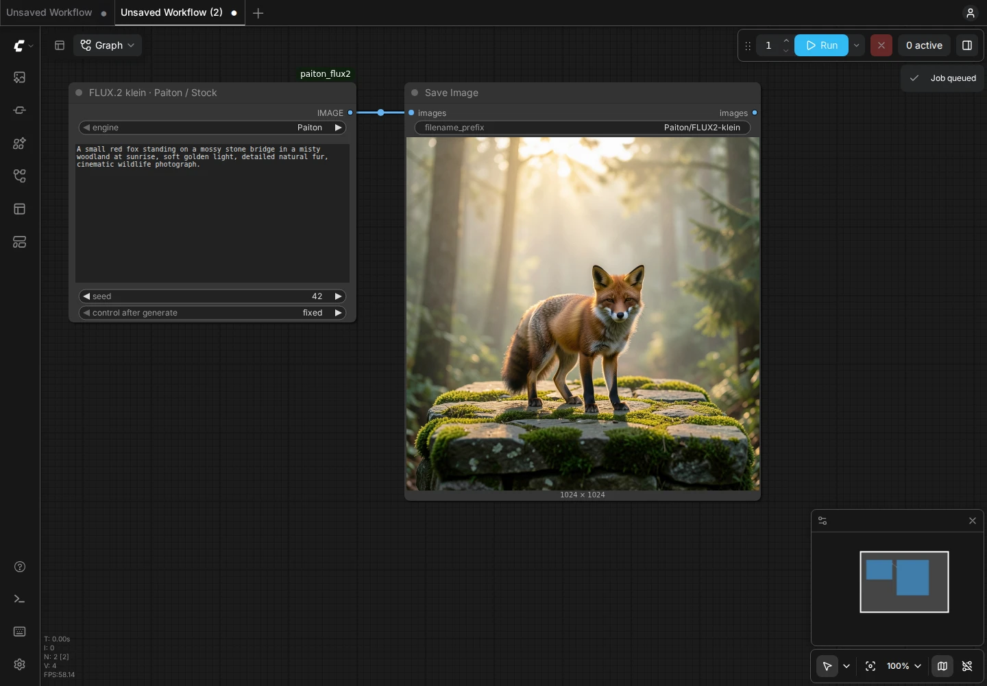 The included ComfyUI workflow, showing the Paiton engine selector, prompt and image preview