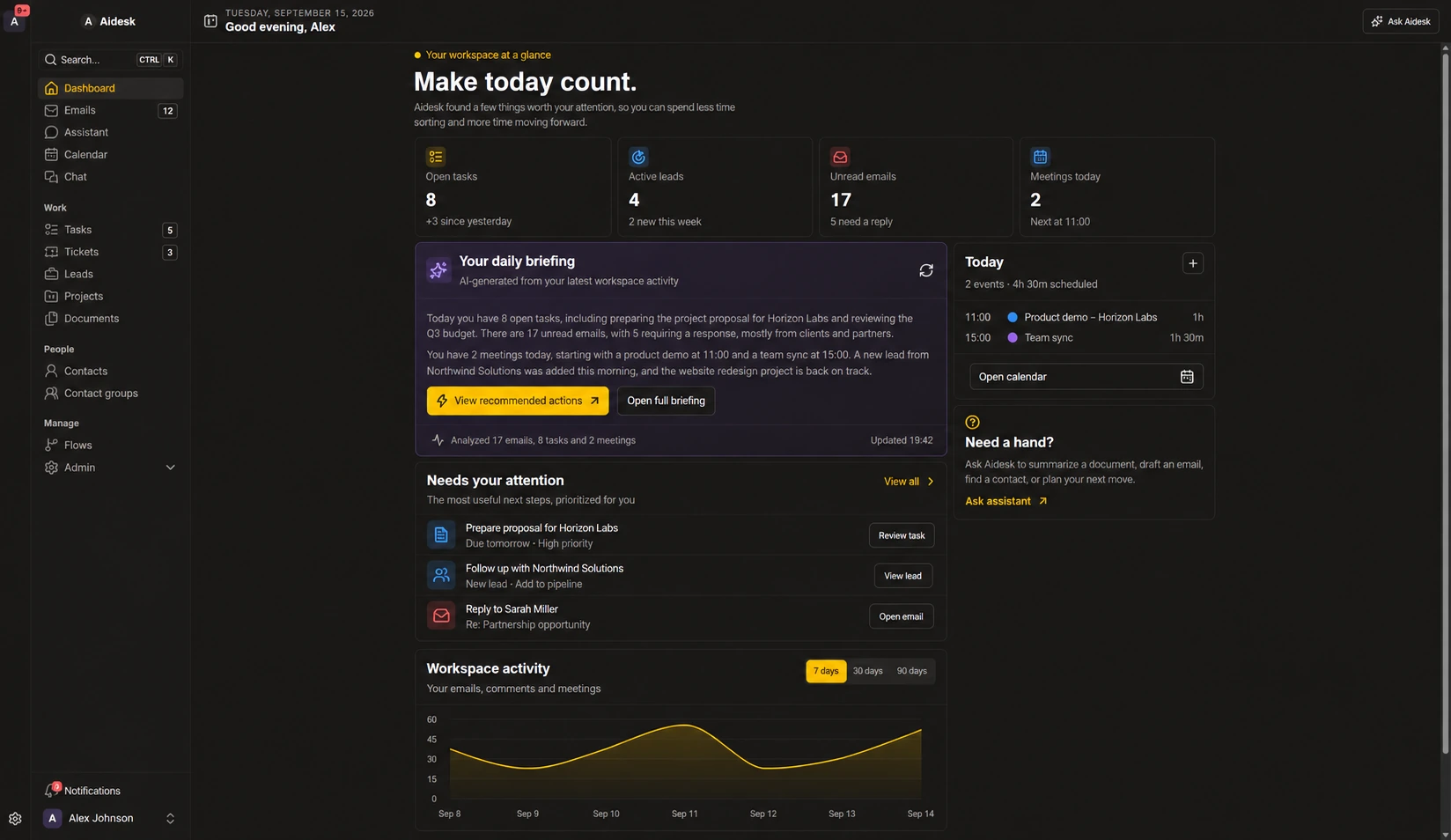 AIDesk dashboard with a daily AI briefing, recommended actions, open tasks and calendar. Fictional demonstration data.