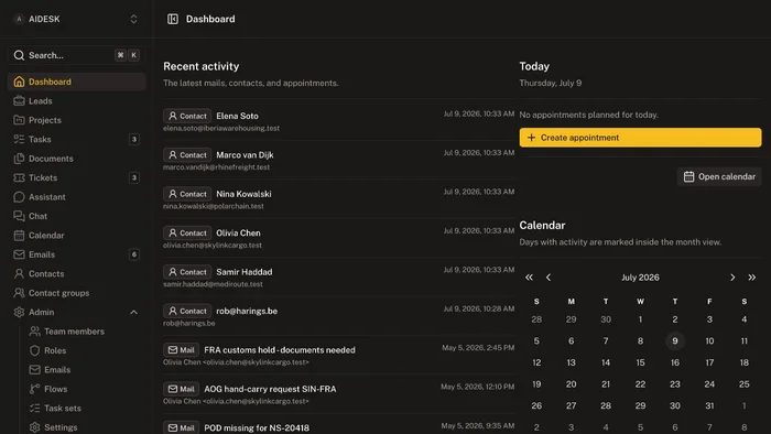 AIDesk dashboard with recent client and email activity