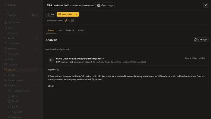 AIDesk email thread and ticket workspace