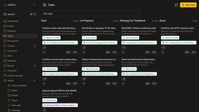 AIDesk task board with assignees and linked records