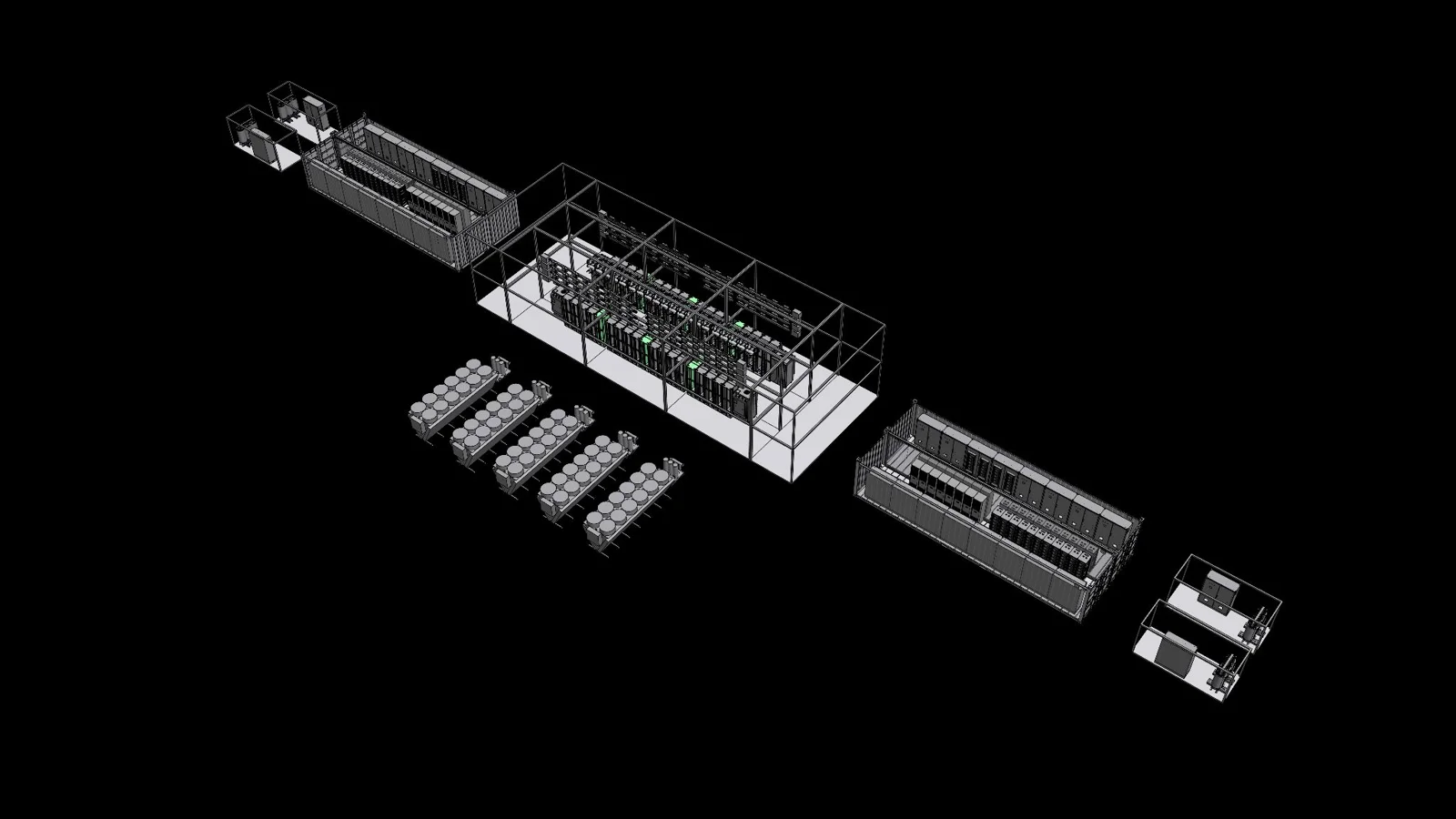 ModFlex-referentietekening met centrale IT-hal, technische modules en externe koeling
